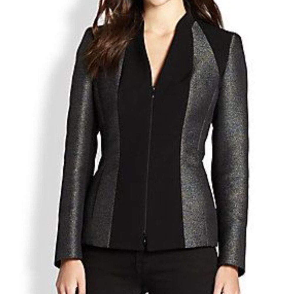 Lafayette 148 New York Black Gray Zip Front Fitted Blazer Size 14. Structured